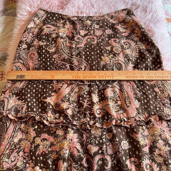 Anthropologie Tapemeasure 100%Linen Brown Pink Floral Paisley Ruffle Maxi Skirt - Picture 14 of 15